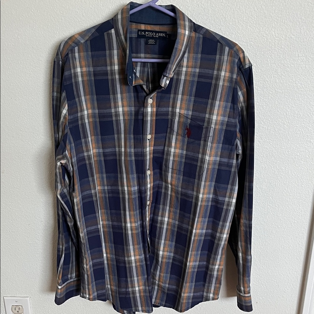 U.S. Polo Assn. Men's Navy and Tan Plaid Shirt